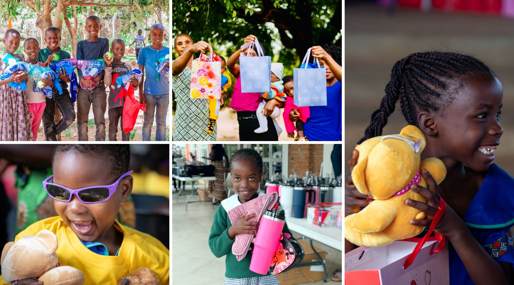 A grid of five images showing children happy with their new gifts.